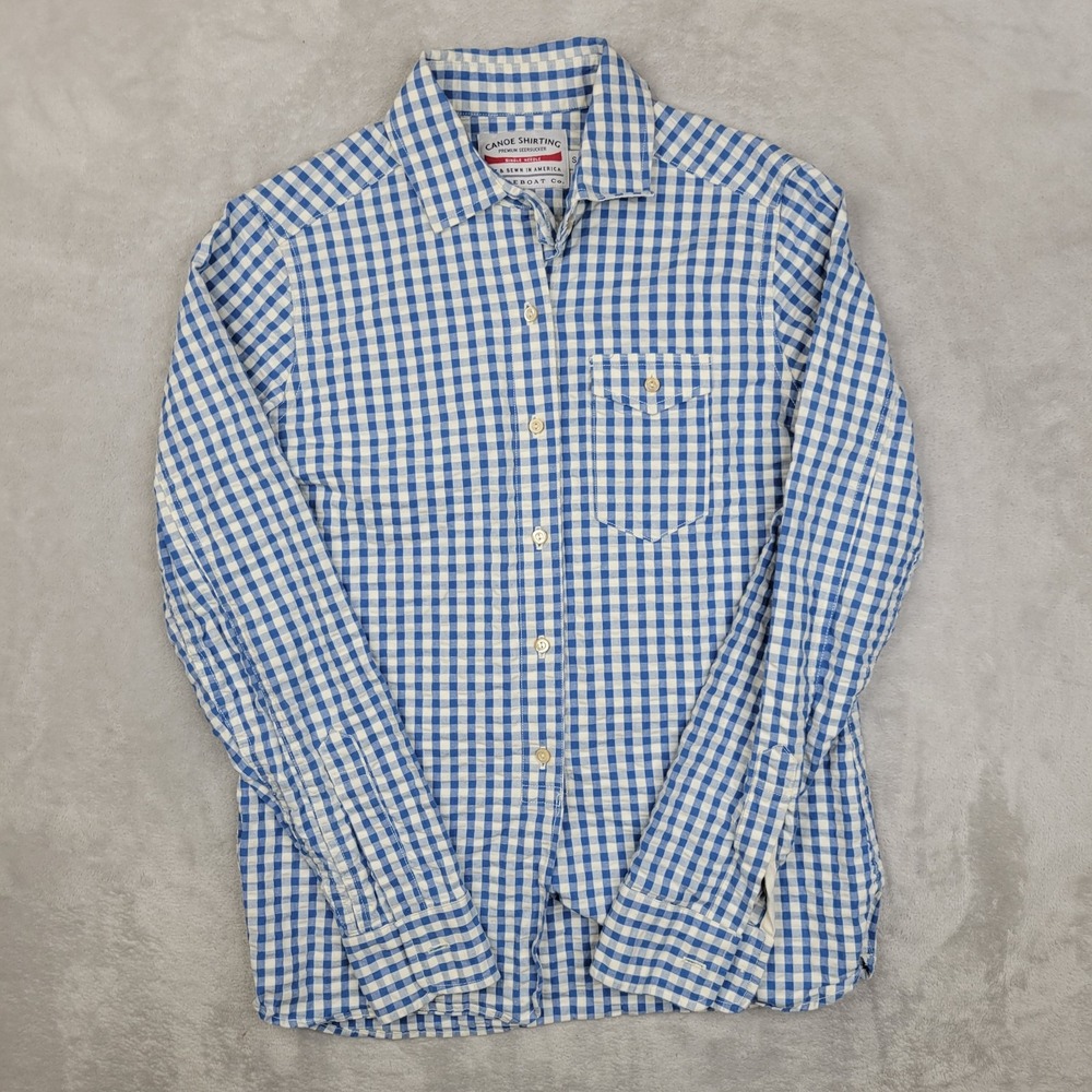 Guideboat Shirt Mens Small Blue White Gingham Seersucker USA Made Canoe Dress